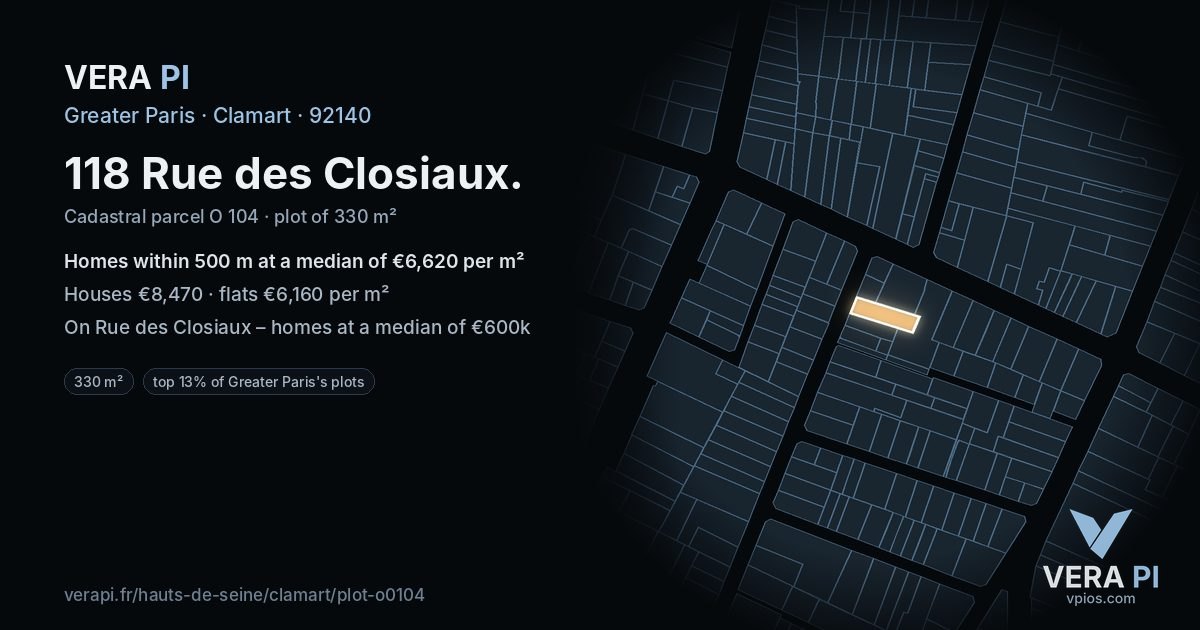 118 Rue des Closiaux, Clamart at night – the plot lit, the parcels around coloured by the prices near them