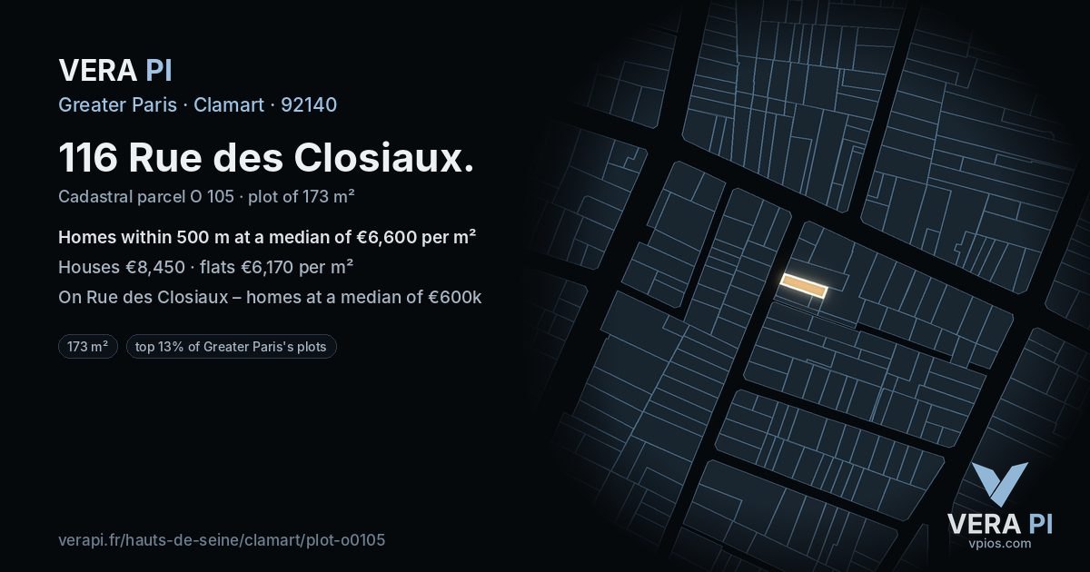 116 Rue des Closiaux, Clamart at night – the plot lit, the parcels around coloured by the prices near them
