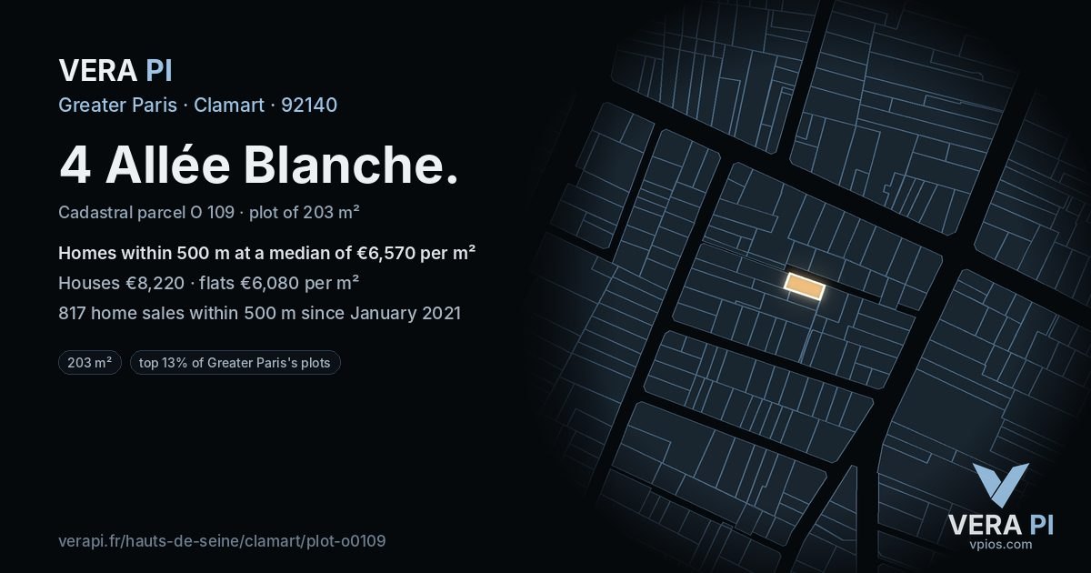 4 Allée Blanche, Clamart at night – the plot lit, the parcels around coloured by the prices near them