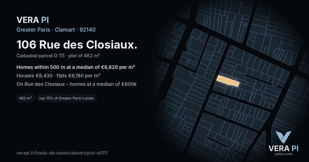 106 Rue des Closiaux, Clamart at night – the plot lit, the parcels around coloured by the prices near them