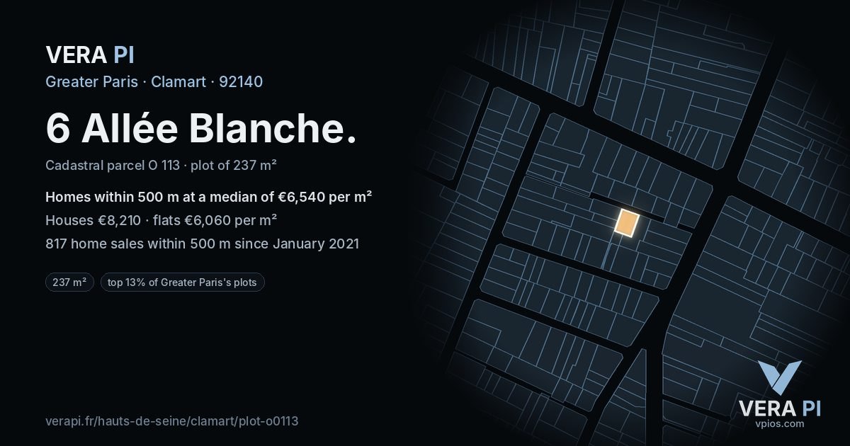 6 Allée Blanche, Clamart at night – the plot lit, the parcels around coloured by the prices near them