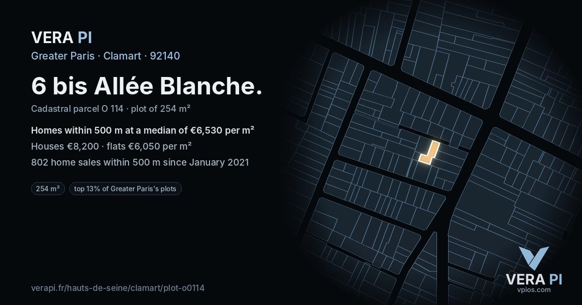 6 bis Allée Blanche, Clamart at night – the plot lit, the parcels around coloured by the prices near them