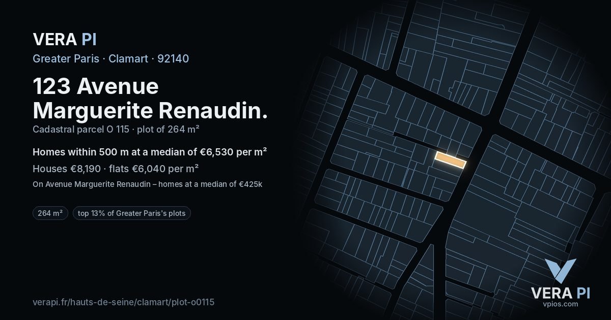123 Avenue Marguerite Renaudin, Clamart at night – the plot lit, the parcels around coloured by the prices near them