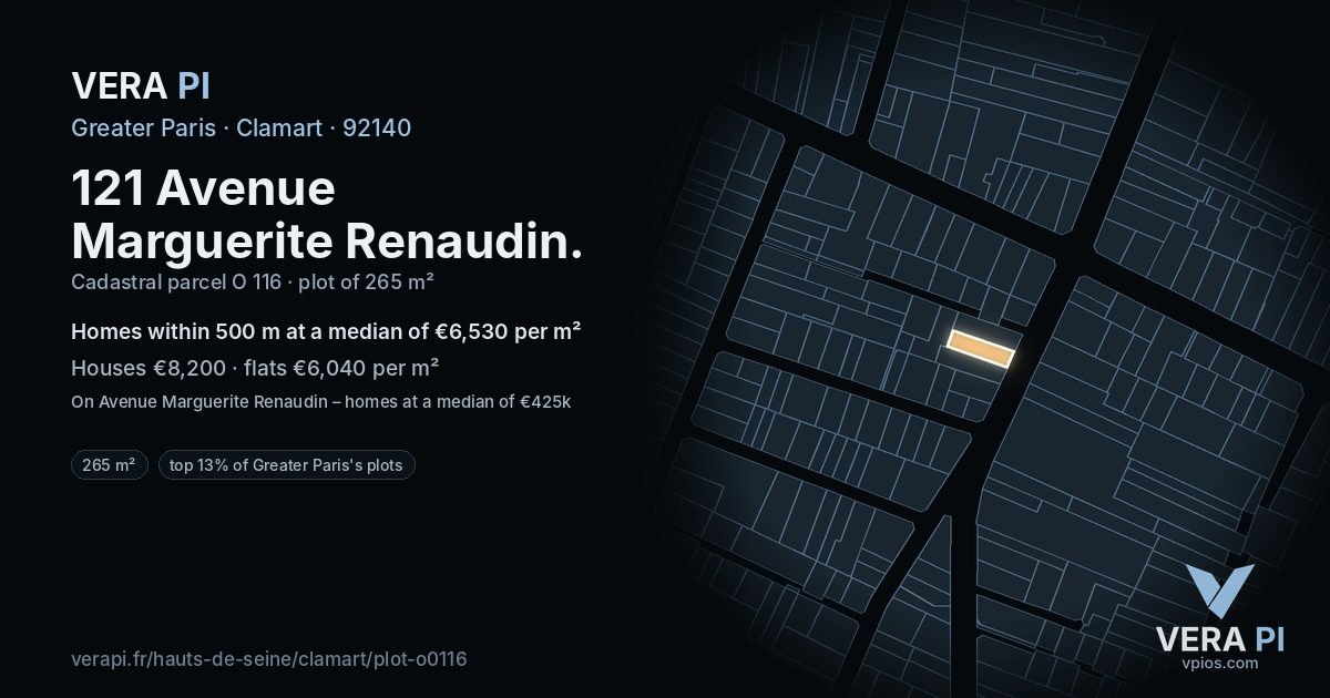 121 Avenue Marguerite Renaudin, Clamart at night – the plot lit, the parcels around coloured by the prices near them