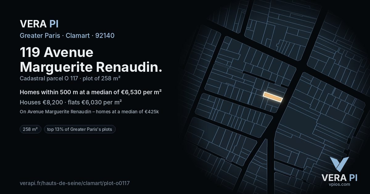 119 Avenue Marguerite Renaudin, Clamart at night – the plot lit, the parcels around coloured by the prices near them