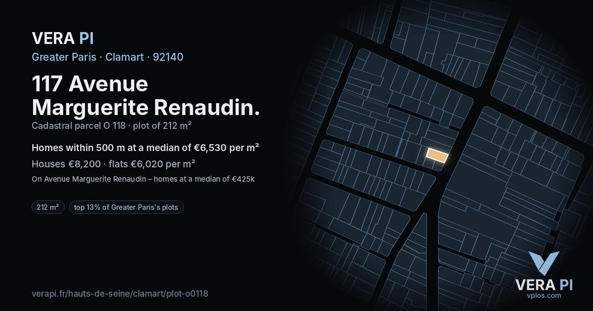 117 Avenue Marguerite Renaudin, Clamart at night – the plot lit, the parcels around coloured by the prices near them