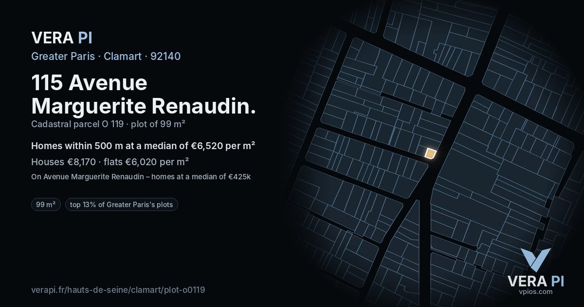 115 Avenue Marguerite Renaudin, Clamart at night – the plot lit, the parcels around coloured by the prices near them