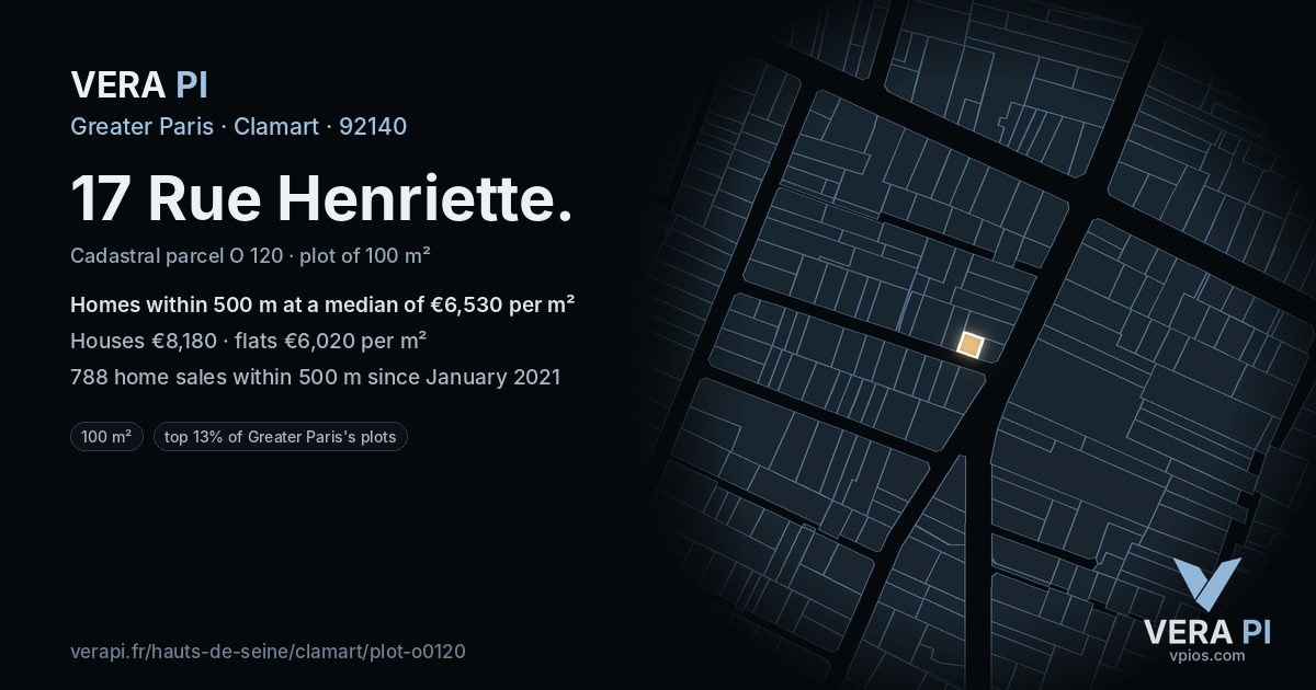17 Rue Henriette, Clamart at night – the plot lit, the parcels around coloured by the prices near them