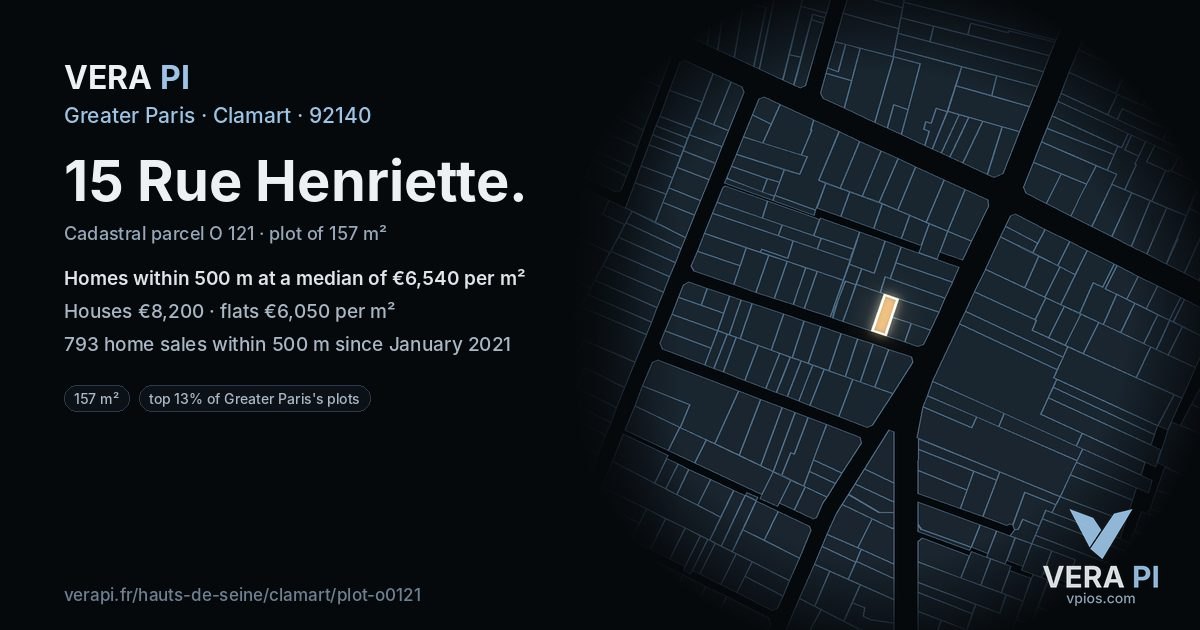 15 Rue Henriette, Clamart at night – the plot lit, the parcels around coloured by the prices near them