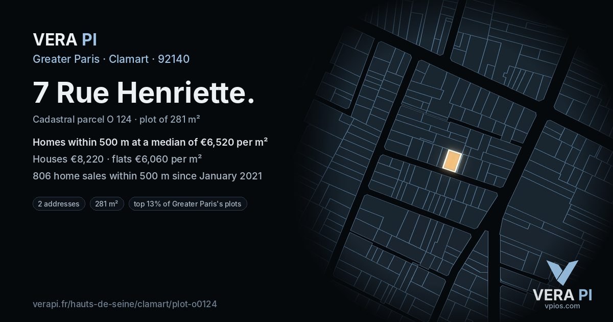 7 Rue Henriette, Clamart at night – the plot lit, the parcels around coloured by the prices near them