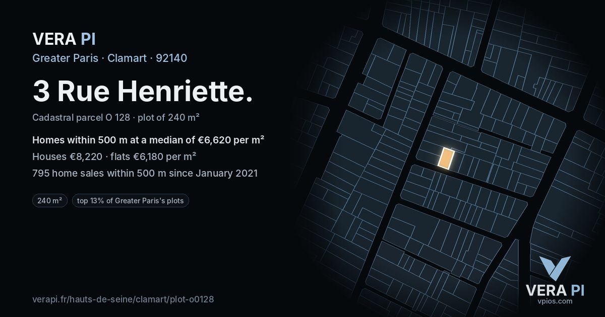 3 Rue Henriette, Clamart at night – the plot lit, the parcels around coloured by the prices near them