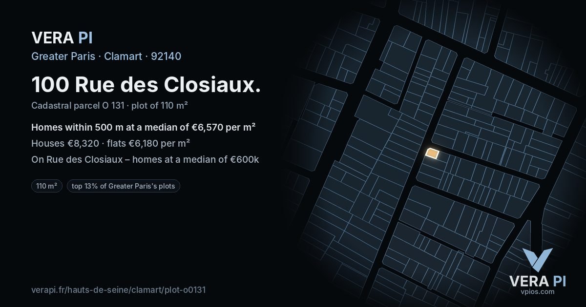 100 Rue des Closiaux, Clamart at night – the plot lit, the parcels around coloured by the prices near them