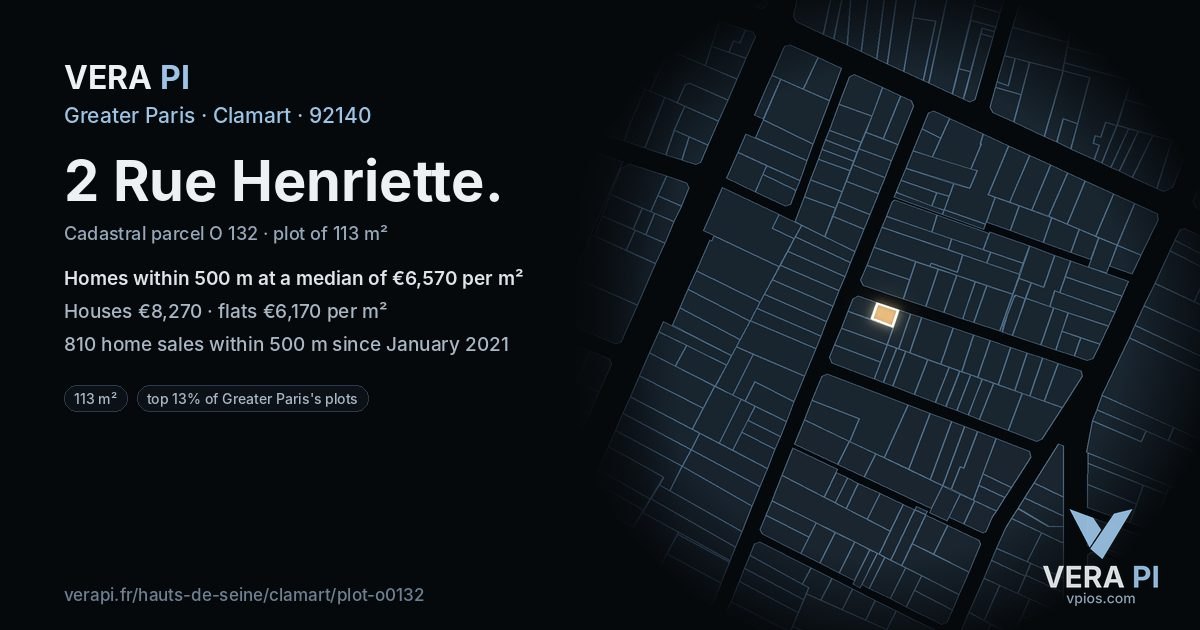 2 Rue Henriette, Clamart at night – the plot lit, the parcels around coloured by the prices near them