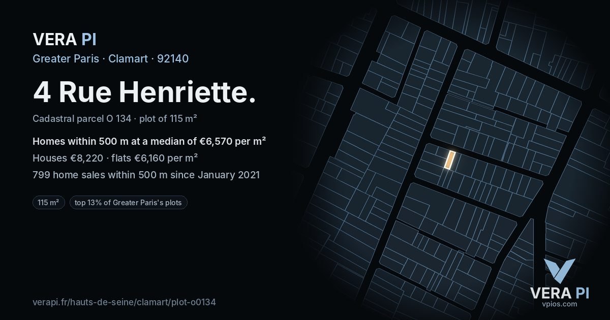 4 Rue Henriette, Clamart at night – the plot lit, the parcels around coloured by the prices near them
