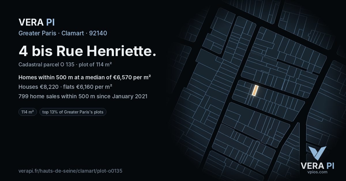 4 bis Rue Henriette, Clamart at night – the plot lit, the parcels around coloured by the prices near them
