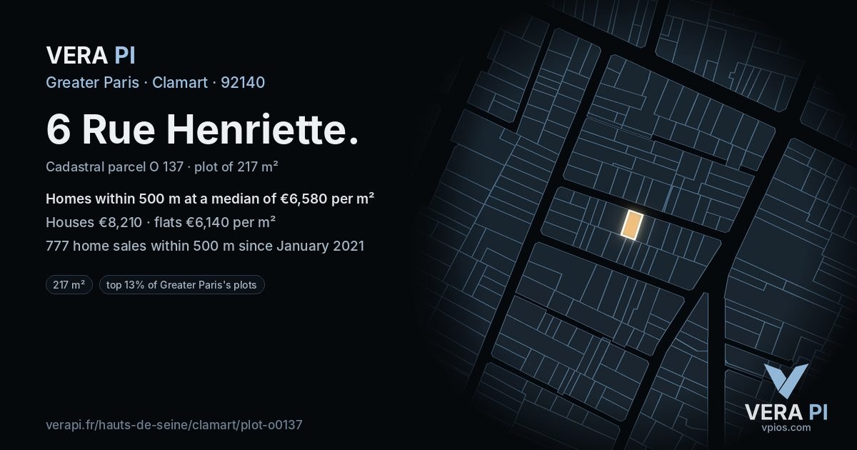 6 Rue Henriette, Clamart at night – the plot lit, the parcels around coloured by the prices near them