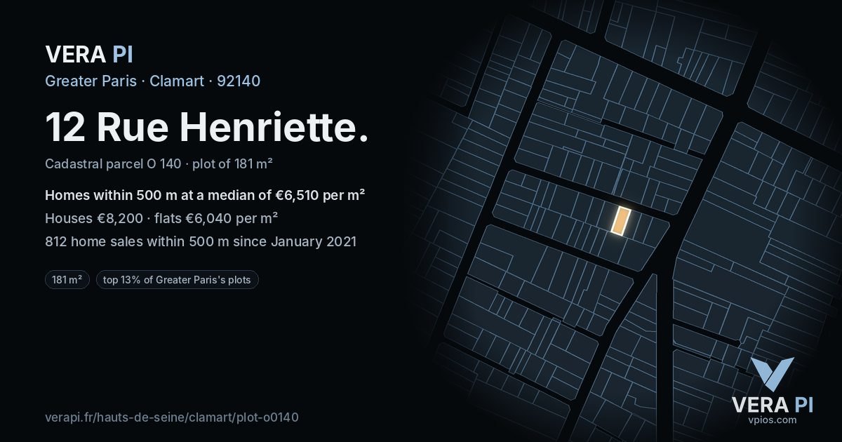 12 Rue Henriette, Clamart at night – the plot lit, the parcels around coloured by the prices near them