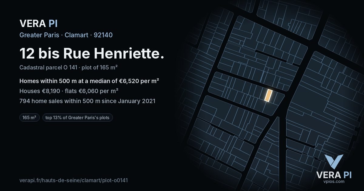 12 bis Rue Henriette, Clamart at night – the plot lit, the parcels around coloured by the prices near them