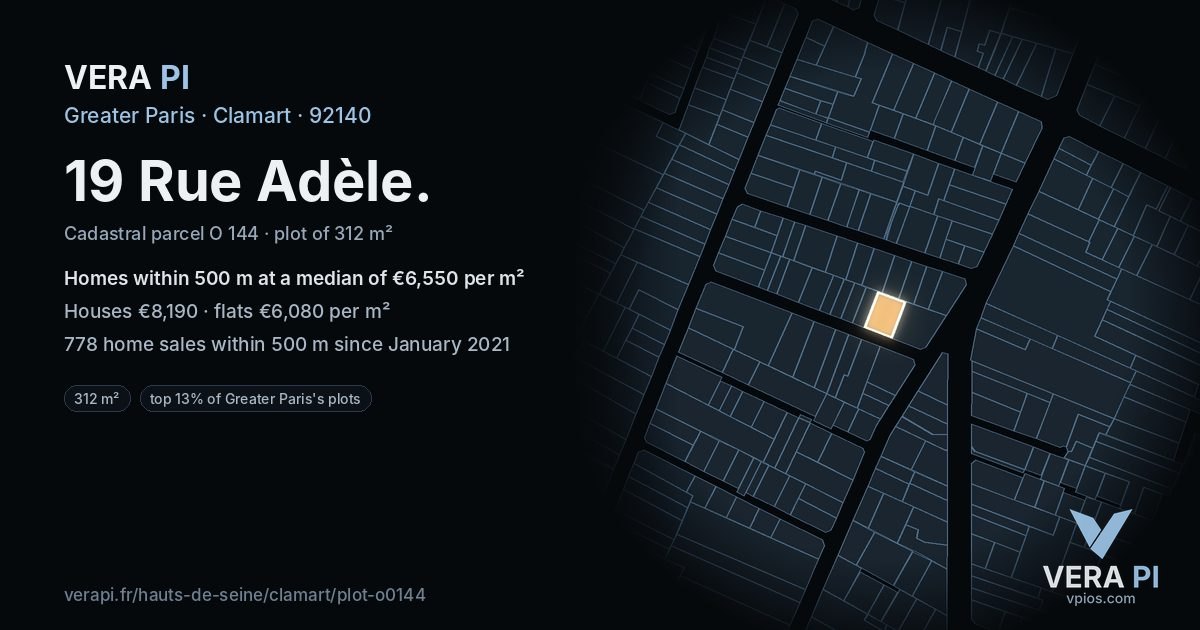 19 Rue Adèle, Clamart at night – the plot lit, the parcels around coloured by the prices near them