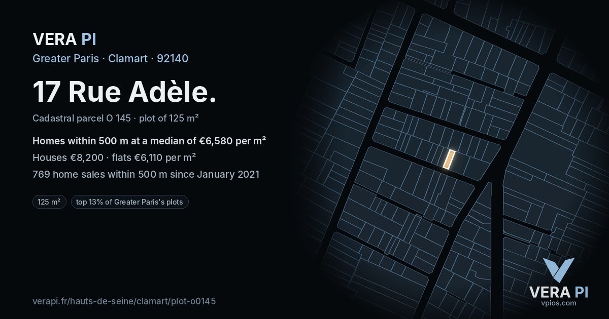 17 Rue Adèle, Clamart at night – the plot lit, the parcels around coloured by the prices near them