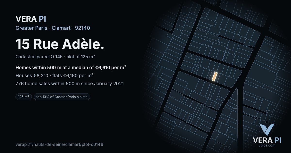15 Rue Adèle, Clamart at night – the plot lit, the parcels around coloured by the prices near them