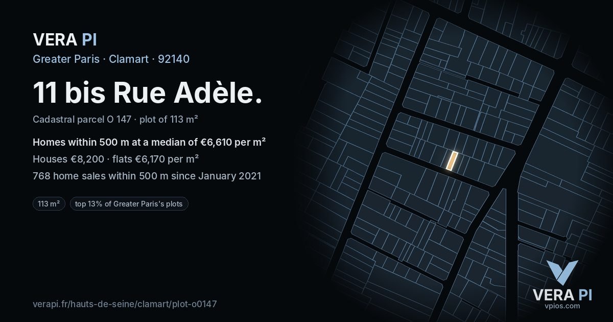 11 bis Rue Adèle, Clamart at night – the plot lit, the parcels around coloured by the prices near them