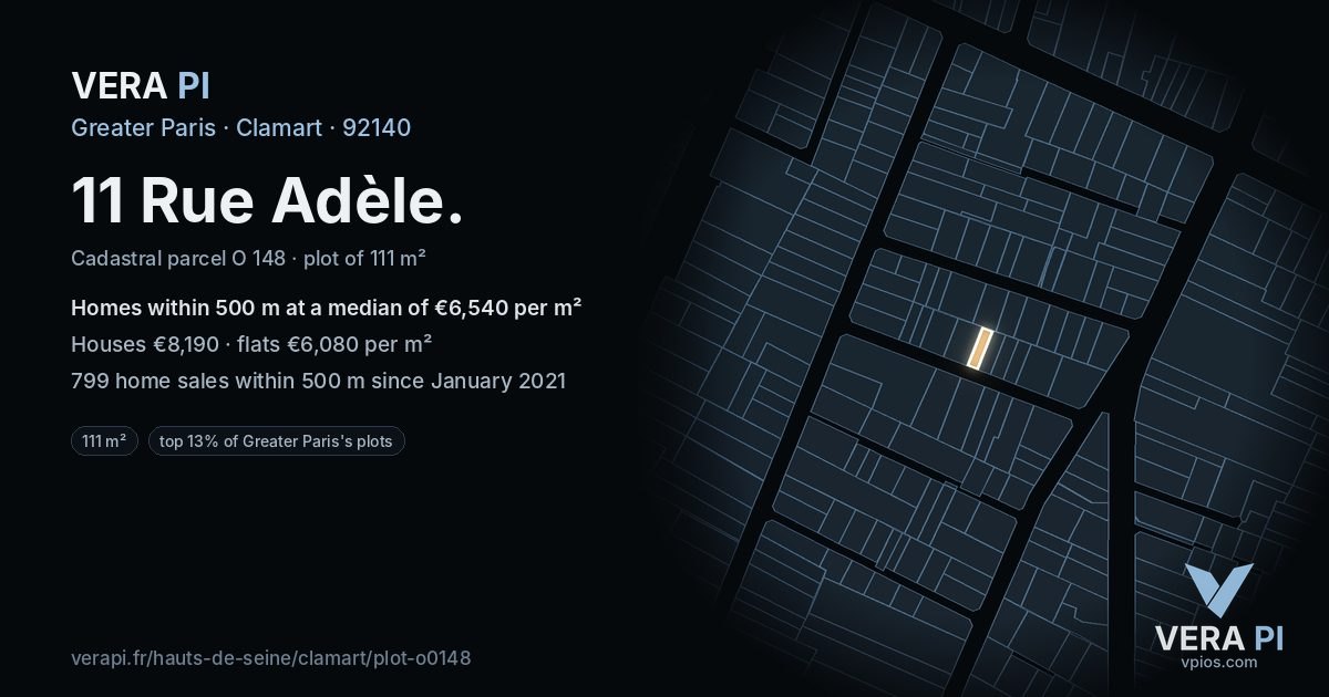 11 Rue Adèle, Clamart at night – the plot lit, the parcels around coloured by the prices near them