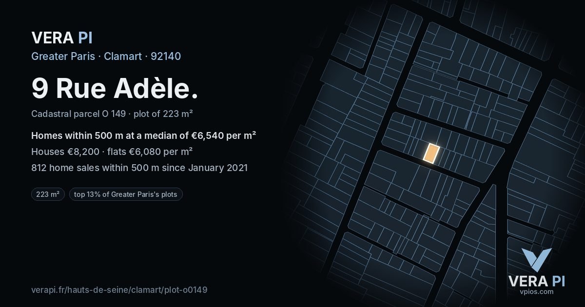 9 Rue Adèle, Clamart at night – the plot lit, the parcels around coloured by the prices near them