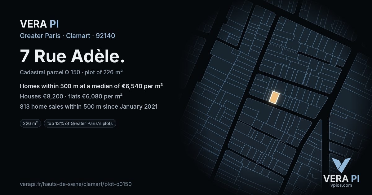 7 Rue Adèle, Clamart at night – the plot lit, the parcels around coloured by the prices near them