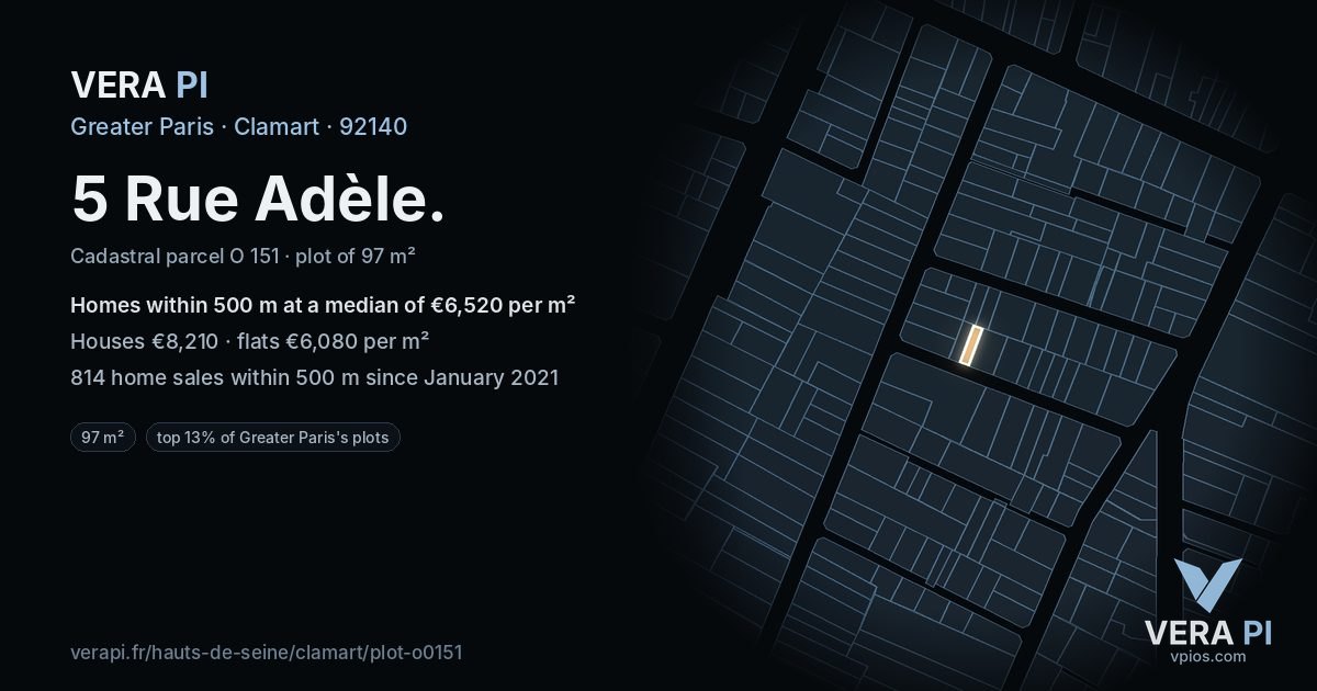 5 Rue Adèle, Clamart at night – the plot lit, the parcels around coloured by the prices near them