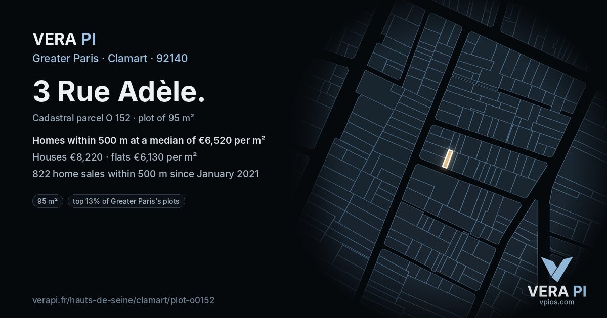 3 Rue Adèle, Clamart at night – the plot lit, the parcels around coloured by the prices near them