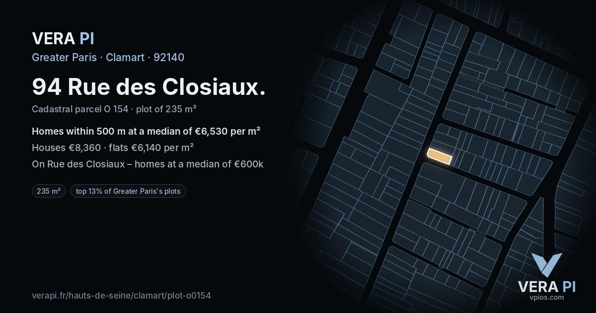 94 Rue des Closiaux, Clamart at night – the plot lit, the parcels around coloured by the prices near them