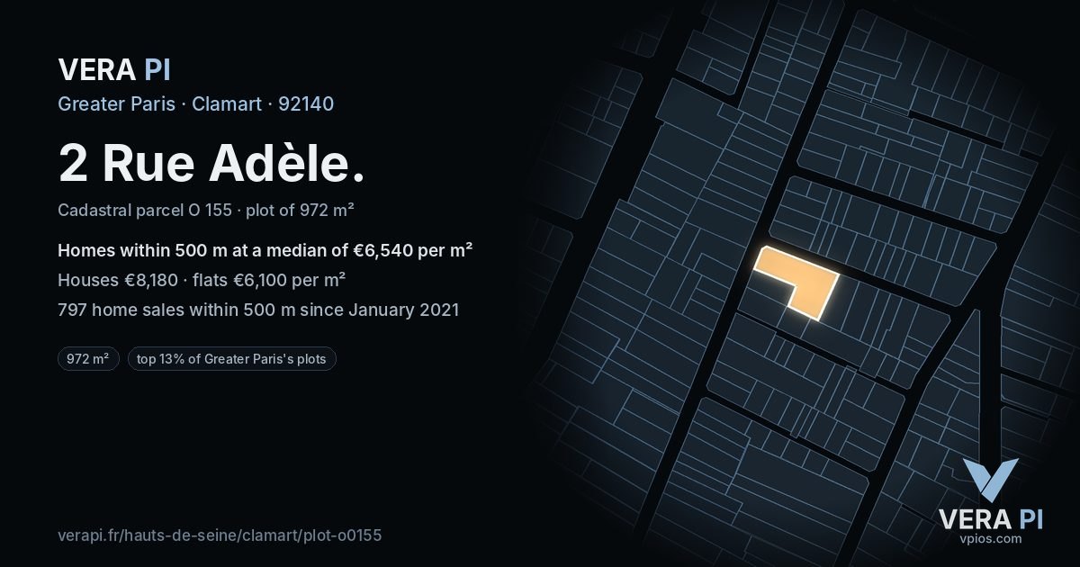 2 Rue Adèle, Clamart at night – the plot lit, the parcels around coloured by the prices near them