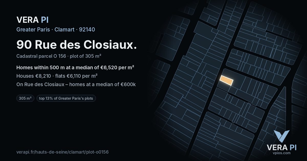 90 Rue des Closiaux, Clamart at night – the plot lit, the parcels around coloured by the prices near them