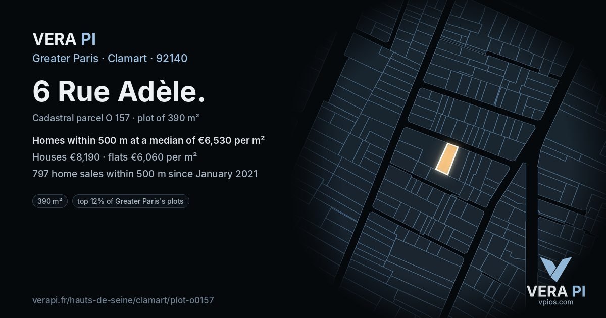6 Rue Adèle, Clamart at night – the plot lit, the parcels around coloured by the prices near them
