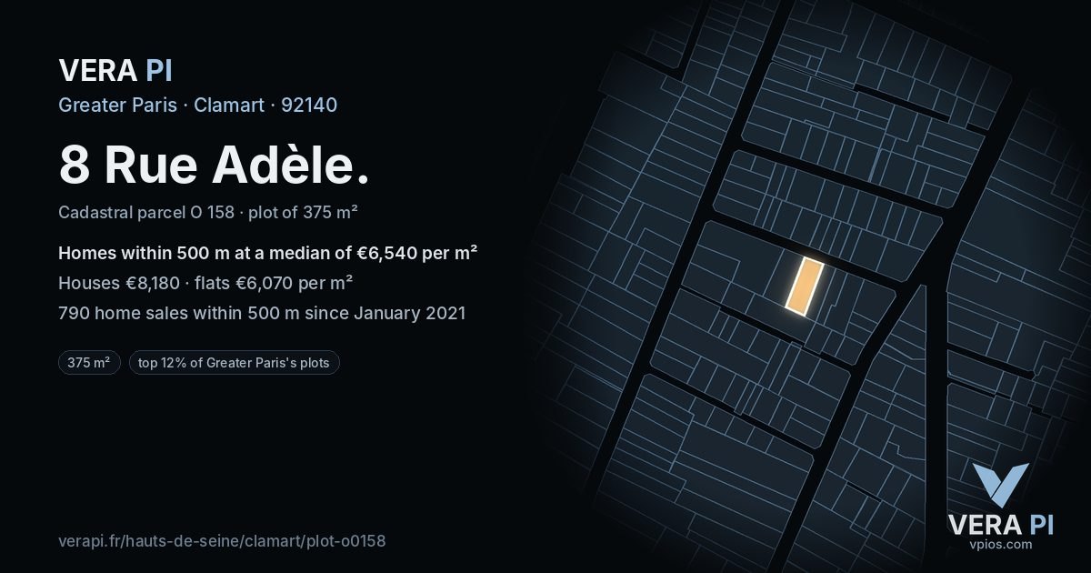 8 Rue Adèle, Clamart at night – the plot lit, the parcels around coloured by the prices near them