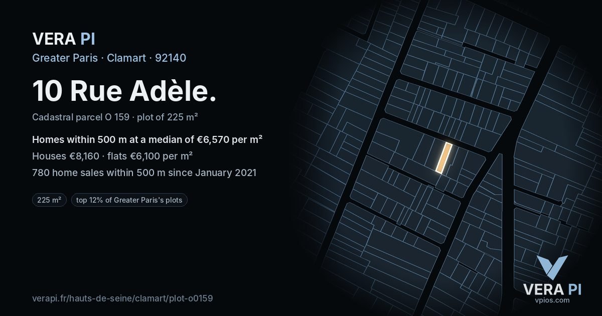 10 Rue Adèle, Clamart at night – the plot lit, the parcels around coloured by the prices near them