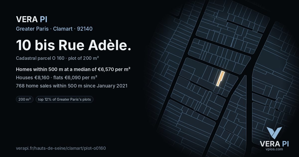 10 bis Rue Adèle, Clamart at night – the plot lit, the parcels around coloured by the prices near them
