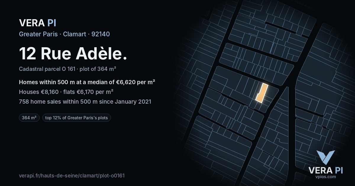 12 Rue Adèle, Clamart at night – the plot lit, the parcels around coloured by the prices near them