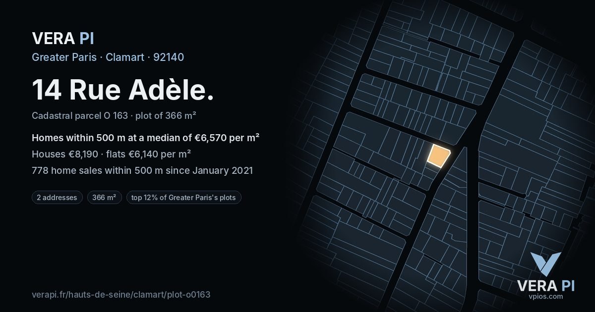 14 Rue Adèle, Clamart at night – the plot lit, the parcels around coloured by the prices near them