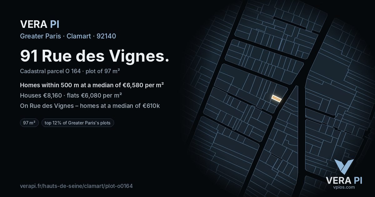 91 Rue des Vignes, Clamart at night – the plot lit, the parcels around coloured by the prices near them