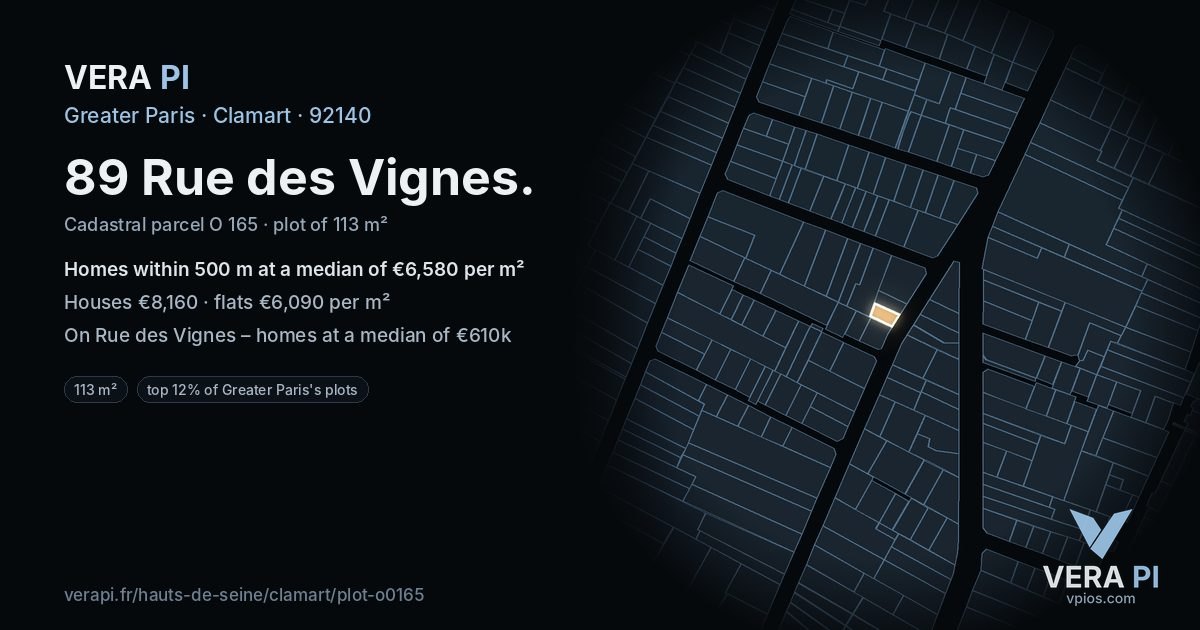89 Rue des Vignes, Clamart at night – the plot lit, the parcels around coloured by the prices near them