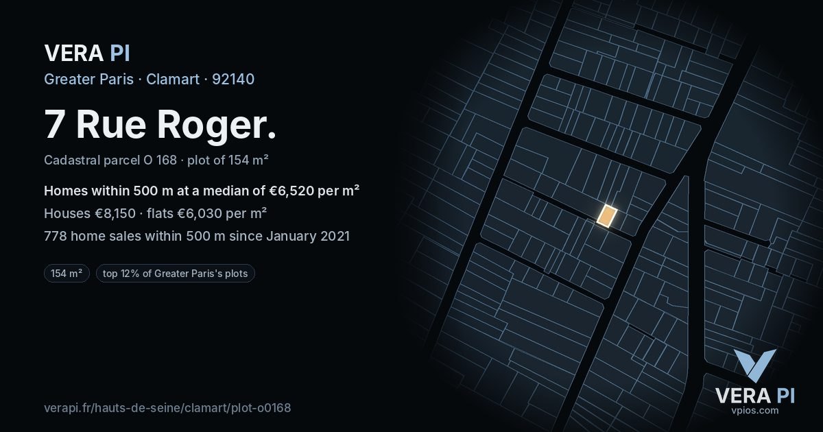 7 Rue Roger, Clamart at night – the plot lit, the parcels around coloured by the prices near them