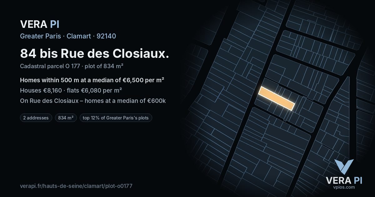 84 bis Rue des Closiaux, Clamart at night – the plot lit, the parcels around coloured by the prices near them