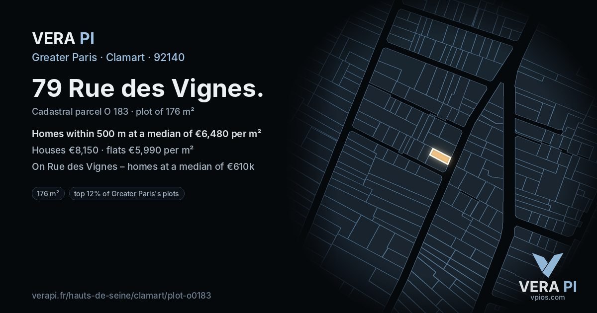 79 Rue des Vignes, Clamart at night – the plot lit, the parcels around coloured by the prices near them