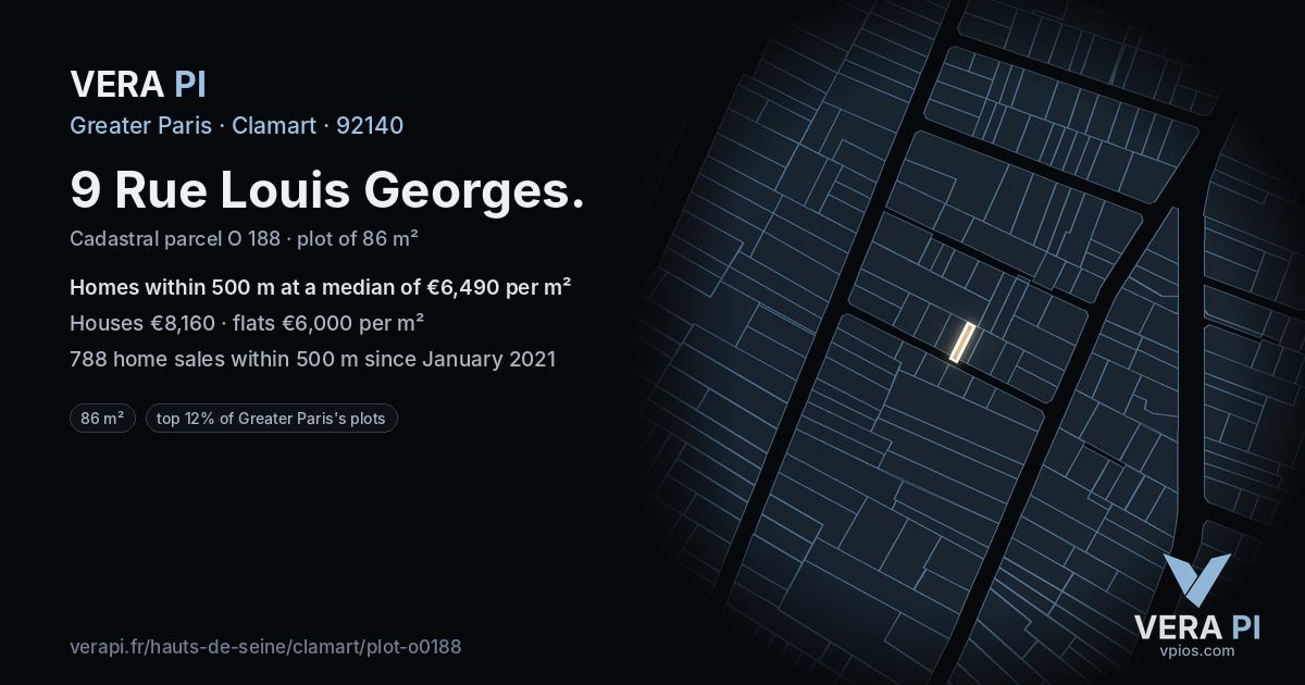 9 Rue Louis Georges, Clamart at night – the plot lit, the parcels around coloured by the prices near them