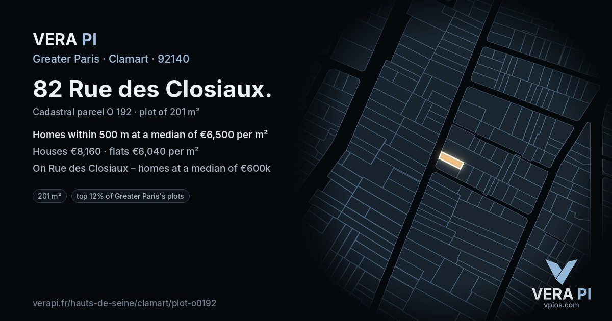 82 Rue des Closiaux, Clamart at night – the plot lit, the parcels around coloured by the prices near them