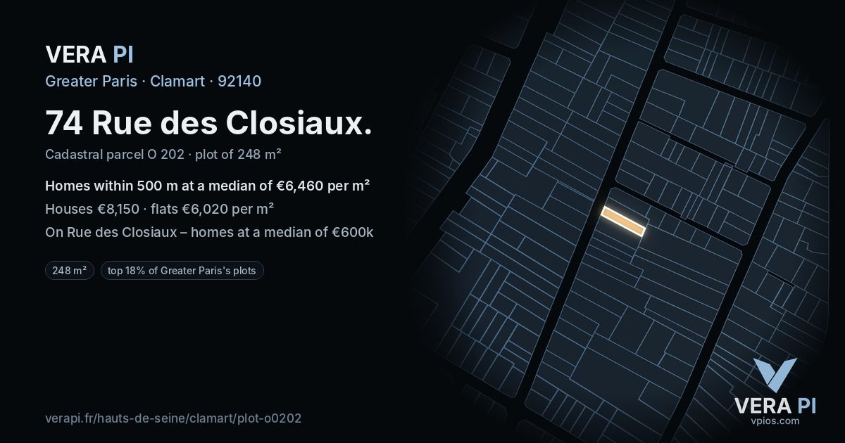 74 Rue des Closiaux, Clamart at night – the plot lit, the parcels around coloured by the prices near them