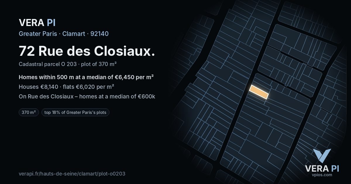 72 Rue des Closiaux, Clamart at night – the plot lit, the parcels around coloured by the prices near them