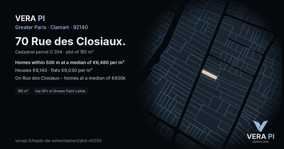 70 Rue des Closiaux, Clamart at night – the plot lit, the parcels around coloured by the prices near them